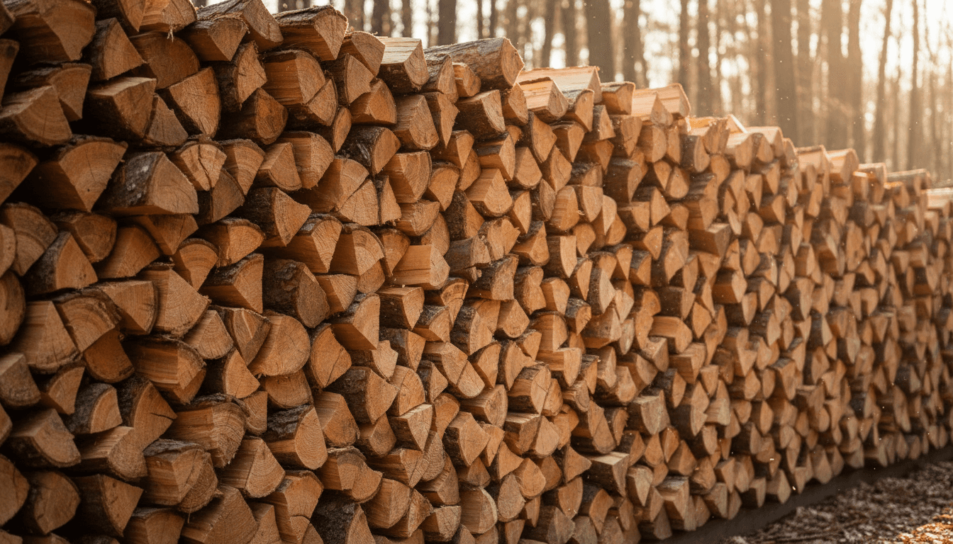 Lenha de alta performance empilhada, mostrando qualidade premium e secagem natural