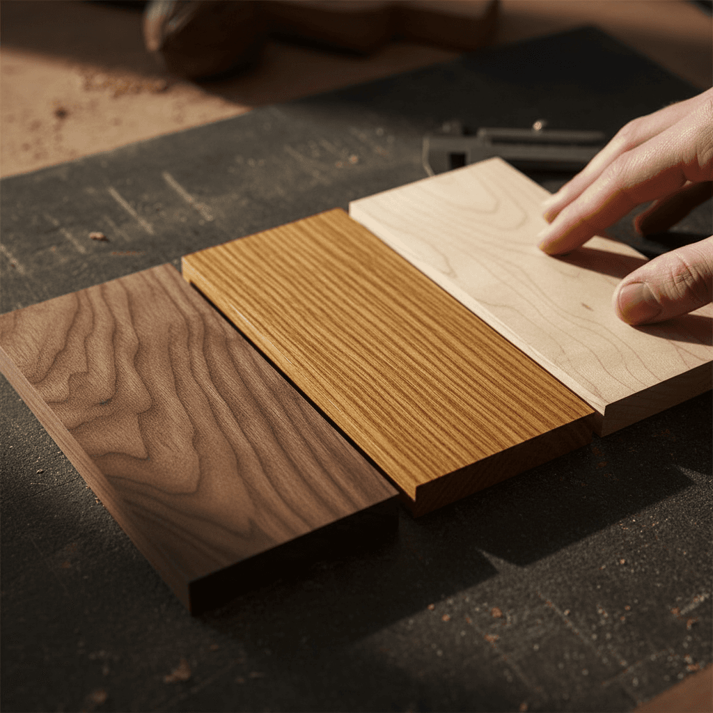 Close-up of premium wood samples showing walnut, oak, and maple grain textures and finishes for custom furniture