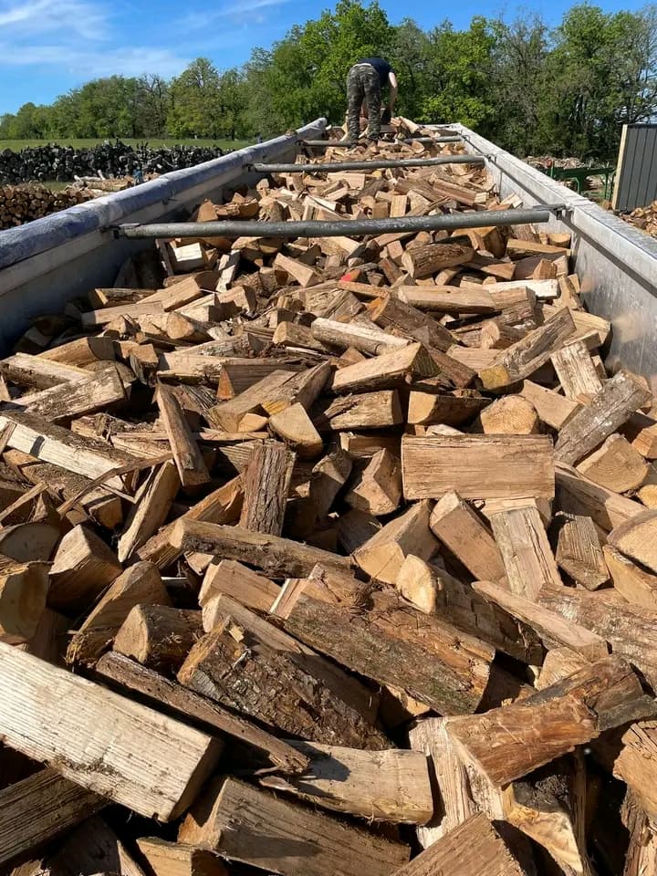 Reboque cheio de lenha cortada com uma pessoa trabalhando ao fundo em dia ensolarado.