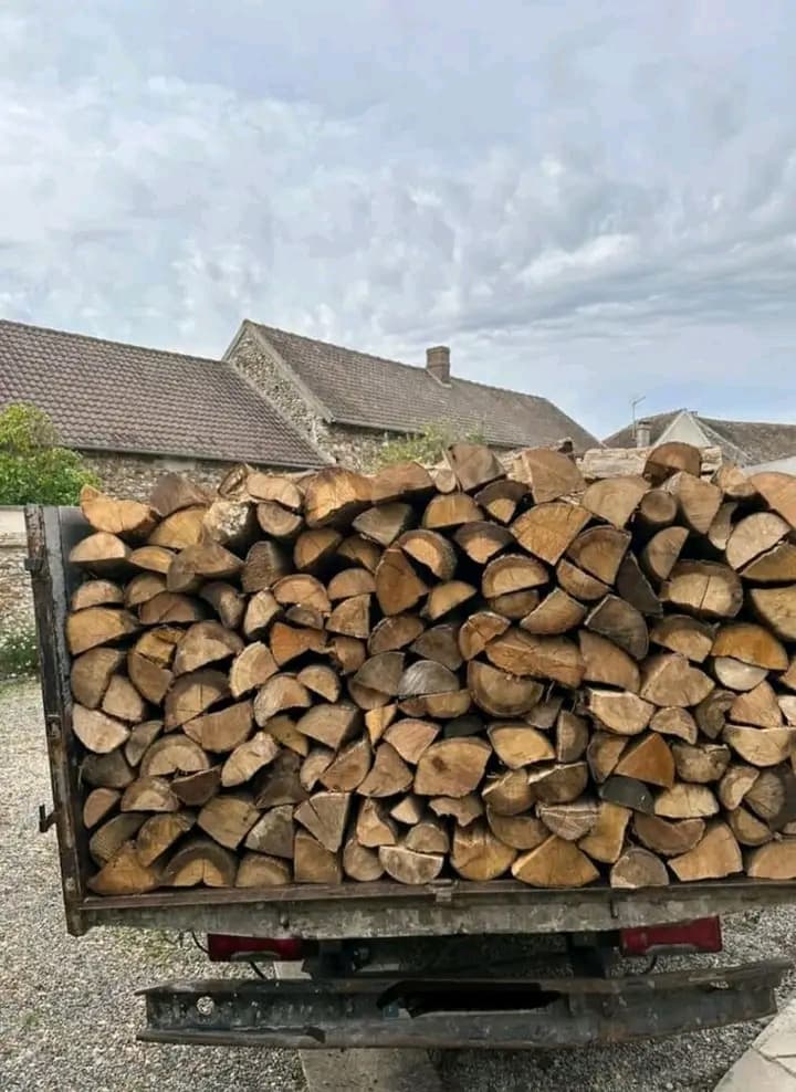 Lenha empilhada na traseira de um caminhão com casas de pedra e céu nublado.